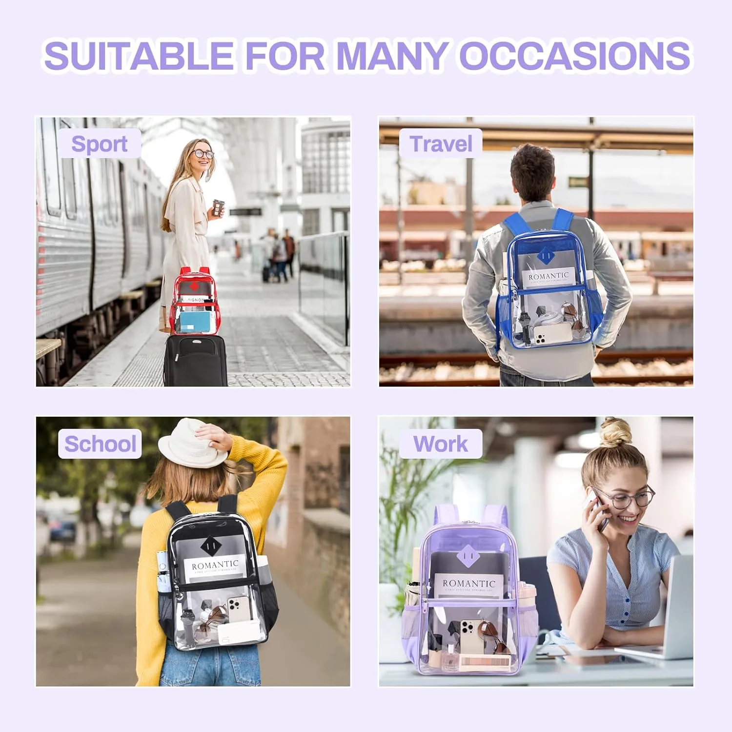 Clear Backpack, Heavy Duty See Through Backpacks for Travel, Work, Security, Concerts, College Transparent PVC bookbags Stadium Approved, Purple