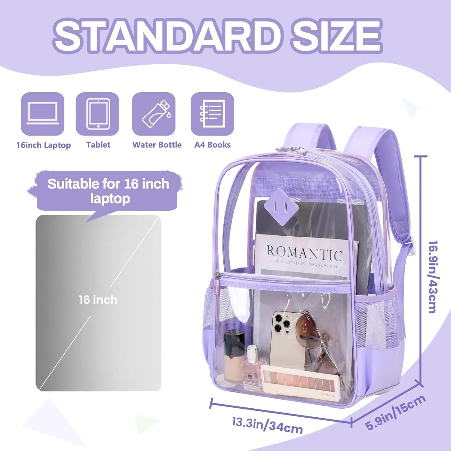 Clear Backpack, Heavy Duty See Through Backpacks for Travel, Work, Security, Concerts, College Transparent PVC bookbags Stadium Approved, Purple