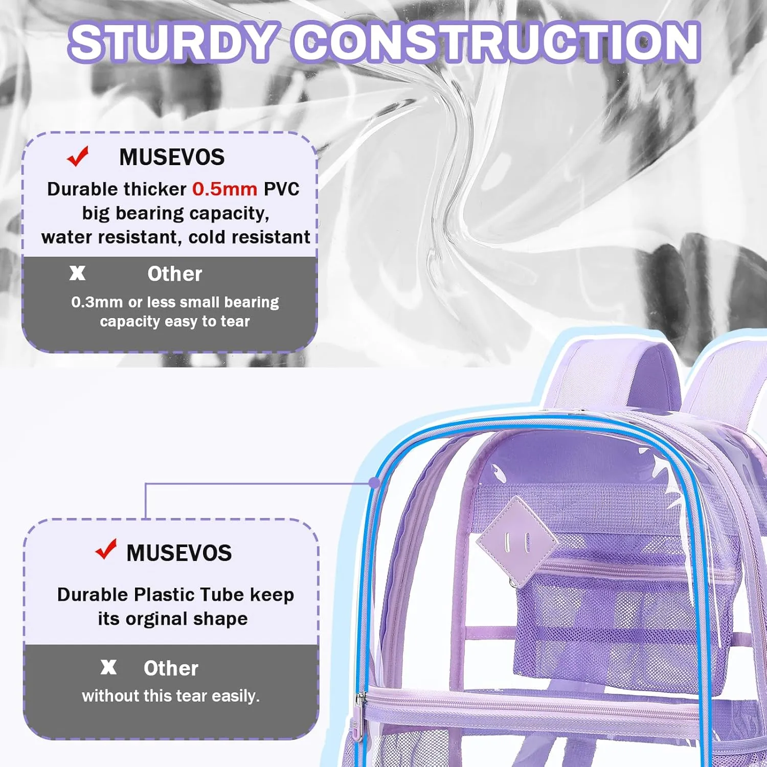 Clear Backpack, Heavy Duty See Through Backpacks for Travel, Work, Security, Concerts, College Transparent PVC bookbags Stadium Approved, Purple