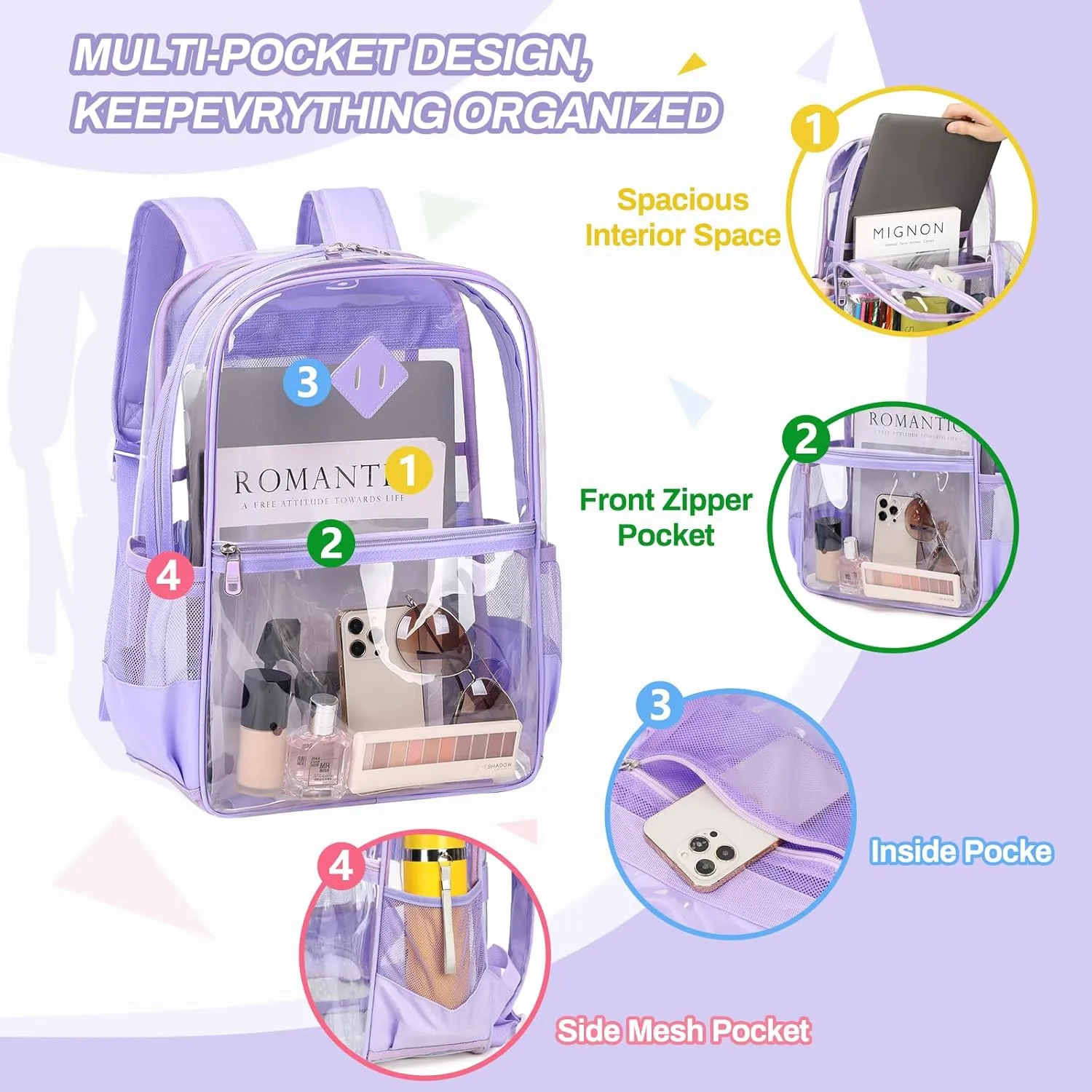 Clear Backpack, Heavy Duty See Through Backpacks for Travel, Work, Security, Concerts, College Transparent PVC bookbags Stadium Approved, Purple