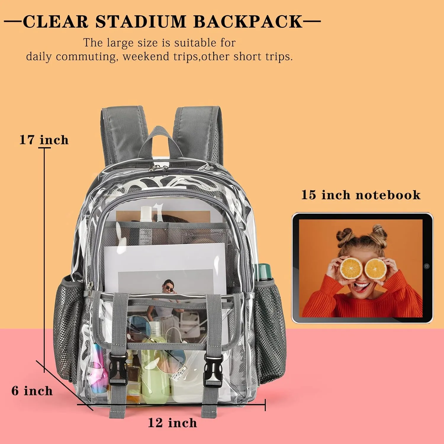 Clear Backpack, Large Clear Bag Stadium Heavy Duty PVC Transparent See Through Backpacks for Boys Girls, College, Work, Gray