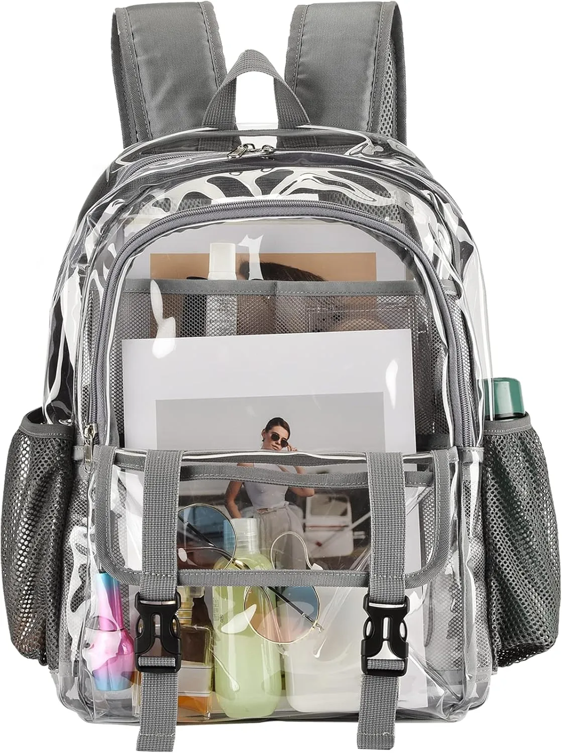 Clear Backpack, Large Clear Bag Stadium Heavy Duty PVC Transparent See Through Backpacks for Boys Girls, College, Work, Gray