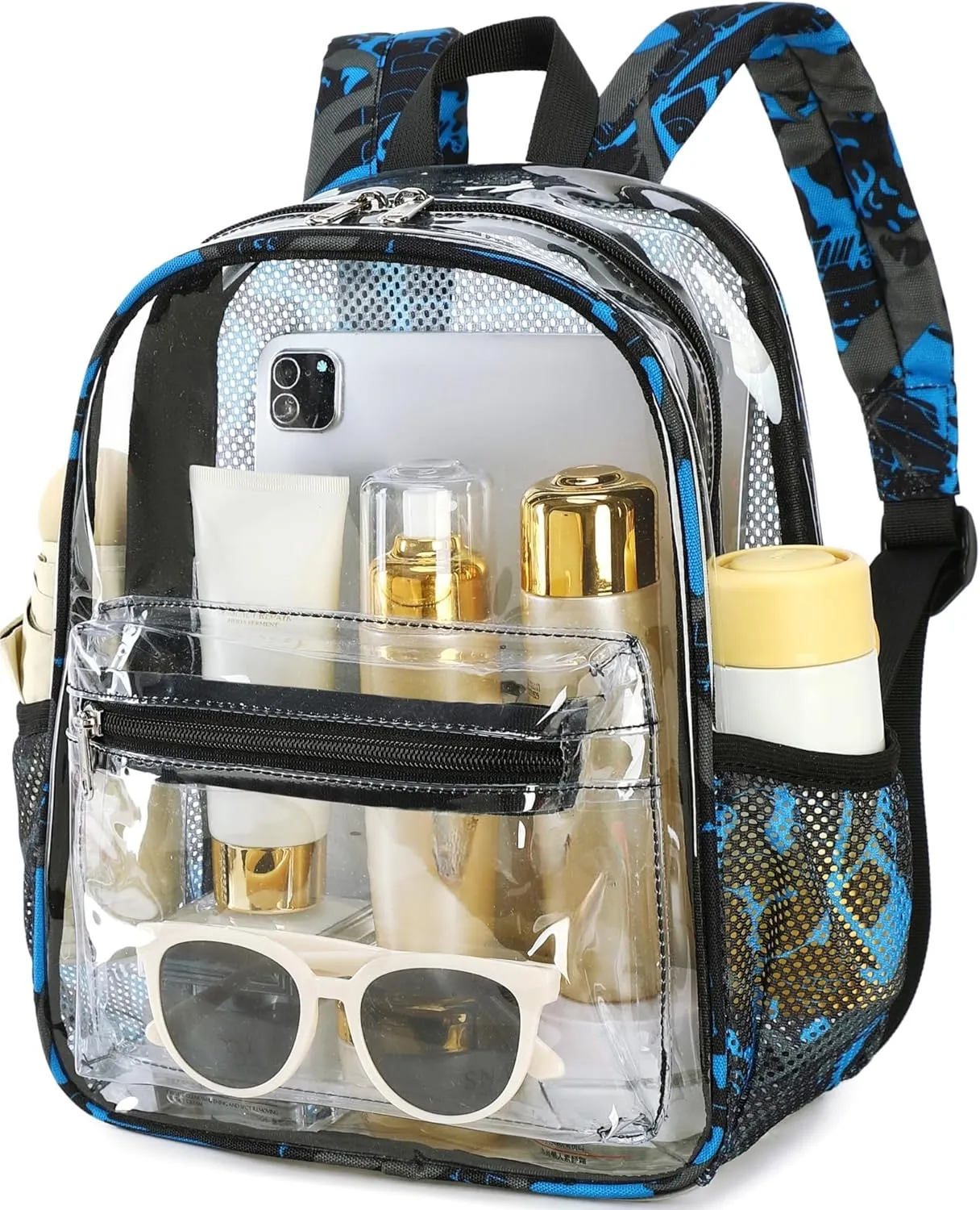 Clear Mini Backpack for Stadium Events 12x12x6 Small Transparent Backpacks Plastic See Through Clear Bag for Concerts Work (C-Graffiti blue)