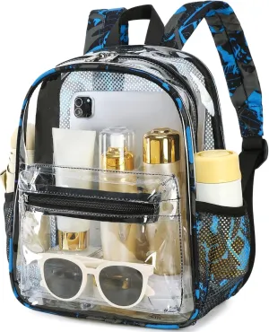 Clear Mini Backpack for Stadium Events 12x12x6 Small Transparent Backpacks Plastic See Through Clear Bag for Concerts Work (C-Graffiti blue)