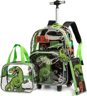 Clear Rolling Backpack Kids Wheeled School Bookbag for Boys and Girls (Dinosaur)