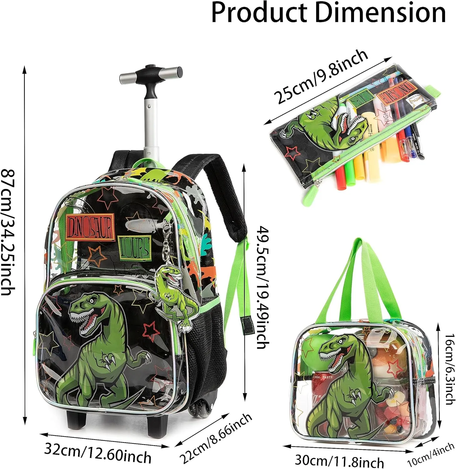 Clear Rolling Backpack Kids Wheeled School Bookbag for Boys and Girls (Dinosaur)
