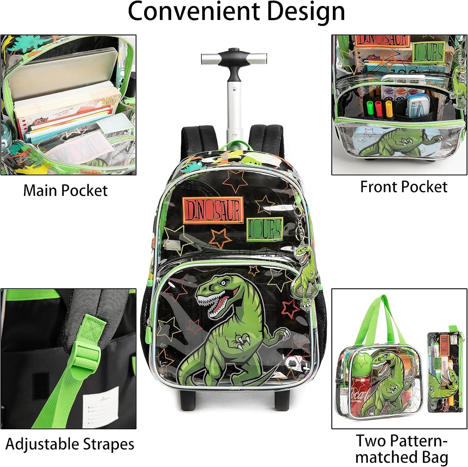 Clear Rolling Backpack Kids Wheeled School Bookbag for Boys and Girls (Dinosaur)