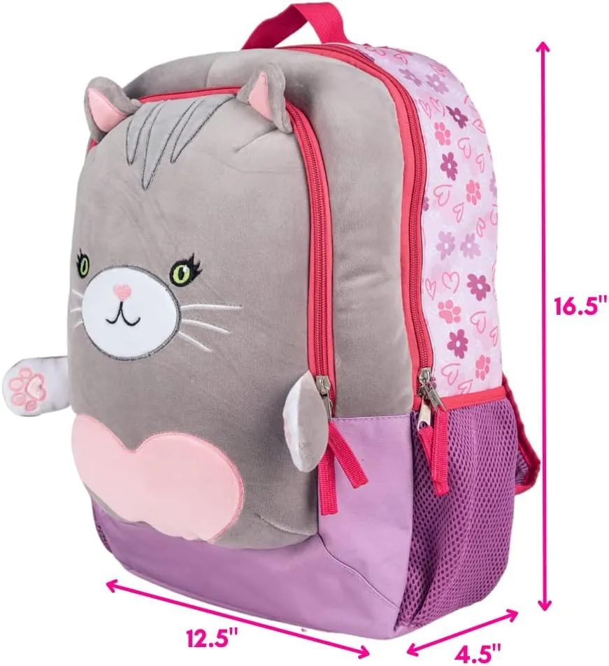 CLUB LIBBY LU Cat Backpack for Girls with Soft Plush Front Pocket, 16 inch Squish Buddies