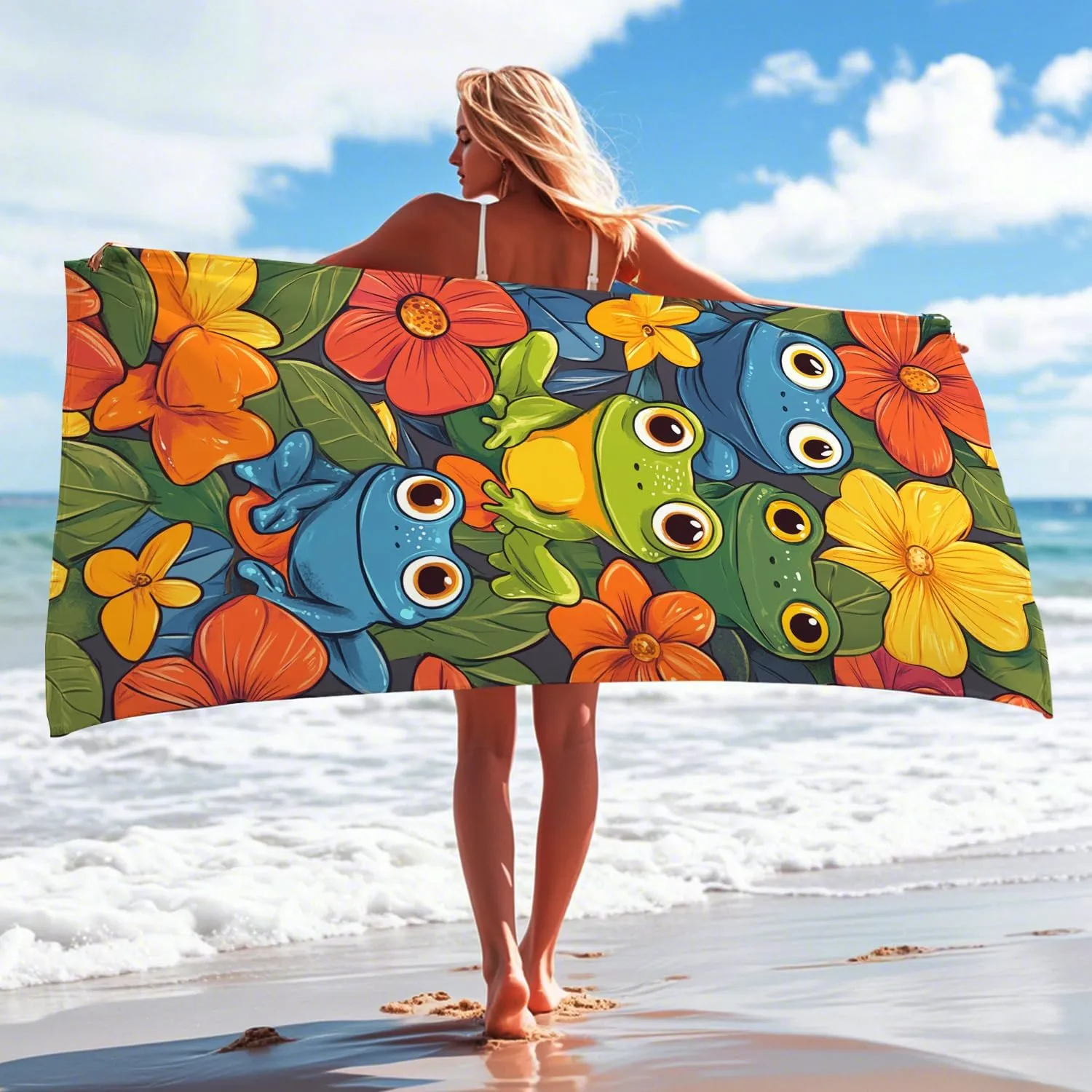 Colorful Amphibian Floral Microfiber Beach Towel Vibrant Green Blue Bath Towel, Quick Dry Absorbent Soft Lightweight Sand Free Beach Blanket, Travel Camping Pool Picnic Essentials 70x35 Inch