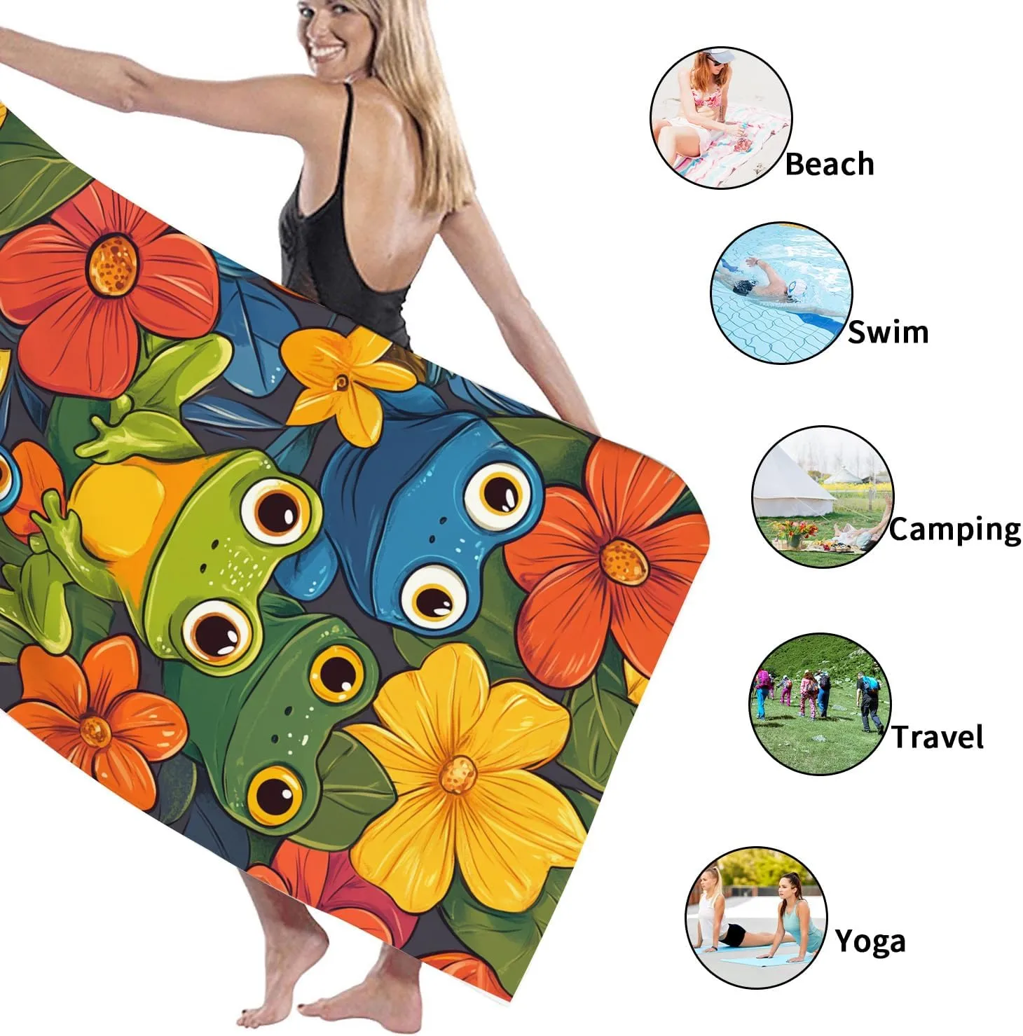 Colorful Amphibian Floral Microfiber Beach Towel Vibrant Green Blue Bath Towel, Quick Dry Absorbent Soft Lightweight Sand Free Beach Blanket, Travel Camping Pool Picnic Essentials 70x35 Inch