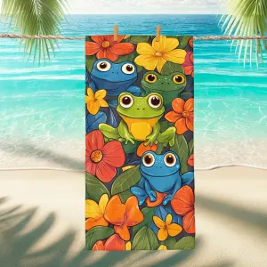 Colorful Amphibian Floral Microfiber Beach Towel Vibrant Green Blue Bath Towel, Quick Dry Absorbent Soft Lightweight Sand Free Beach Blanket, Travel Camping Pool Picnic Essentials 70x35 Inch