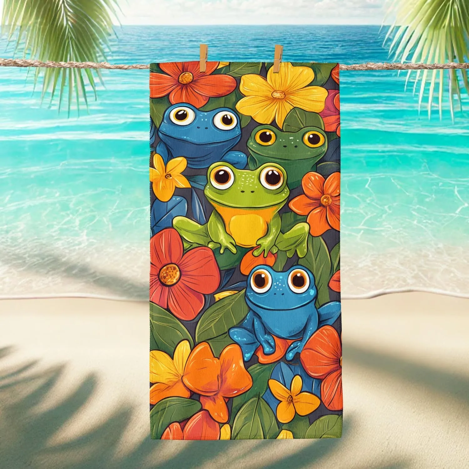 Colorful Amphibian Floral Microfiber Beach Towel Vibrant Green Blue Bath Towel, Quick Dry Absorbent Soft Lightweight Sand Free Beach Blanket, Travel Camping Pool Picnic Essentials 70x35 Inch