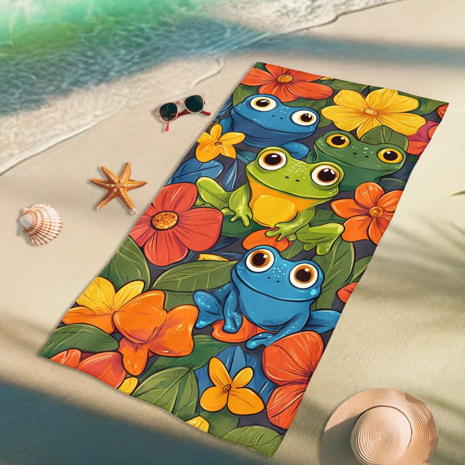 Colorful Amphibian Floral Microfiber Beach Towel Vibrant Green Blue Bath Towel, Quick Dry Absorbent Soft Lightweight Sand Free Beach Blanket, Travel Camping Pool Picnic Essentials 70x35 Inch