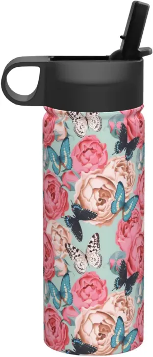Colorful Flowers Print Flask Stainless Steel Water Bottle with Straw 18OZ FOR Outdoor Gym Commute