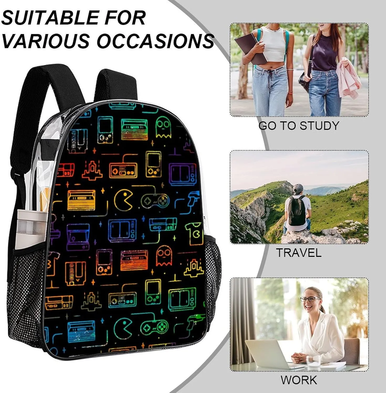 Colorful Game Video Gaming Transparent Fashion Waterproof PVC Transparent Backpack Unisex 17 Inches