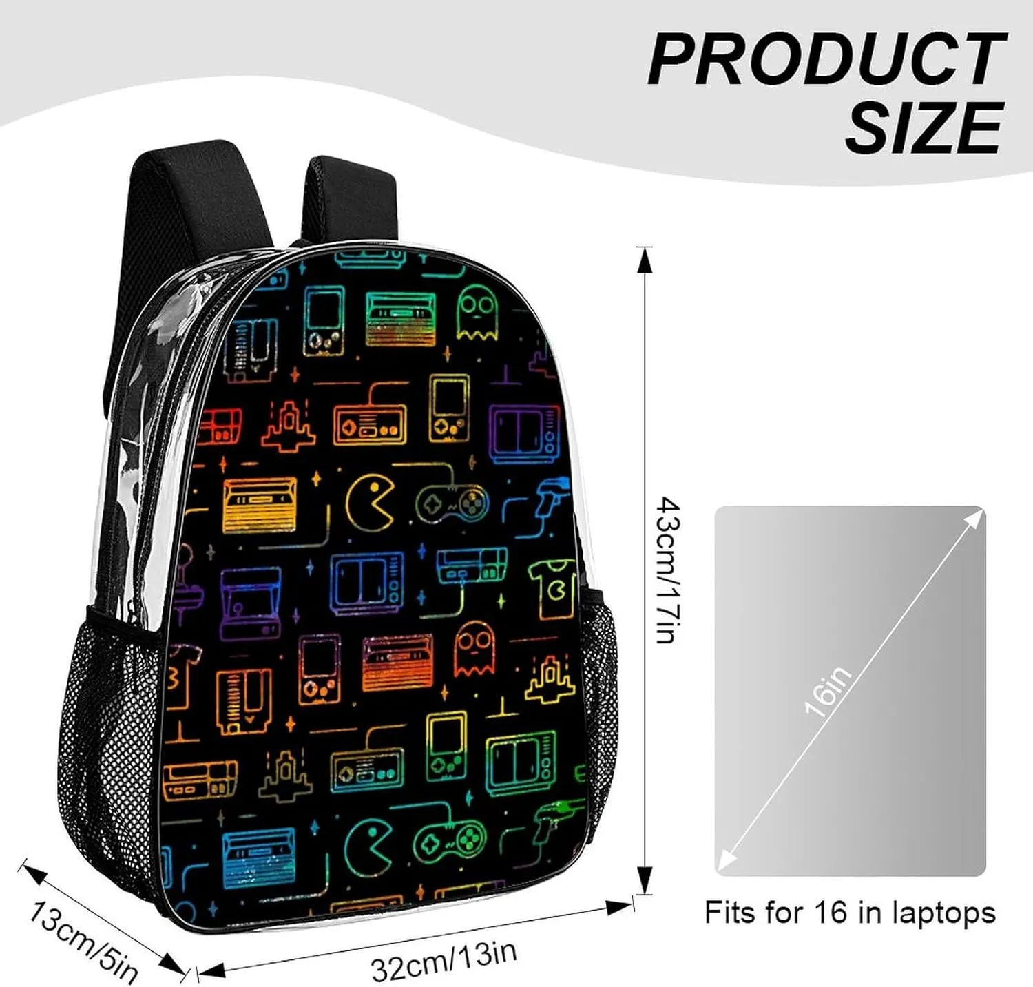 Colorful Game Video Gaming Transparent Fashion Waterproof PVC Transparent Backpack Unisex 17 Inches