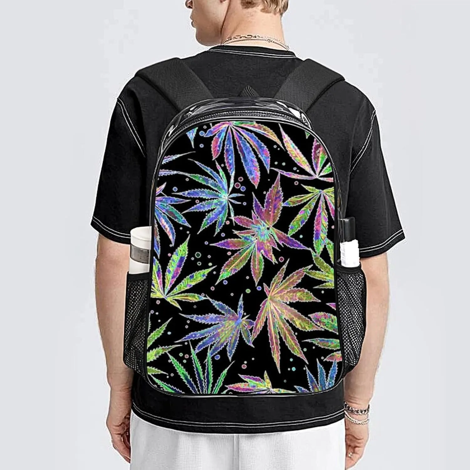 Colorful Neon Pot Leaf Weeds Transparent Fashion Waterproof PVC Transparent Backpack Unisex 17 Inches