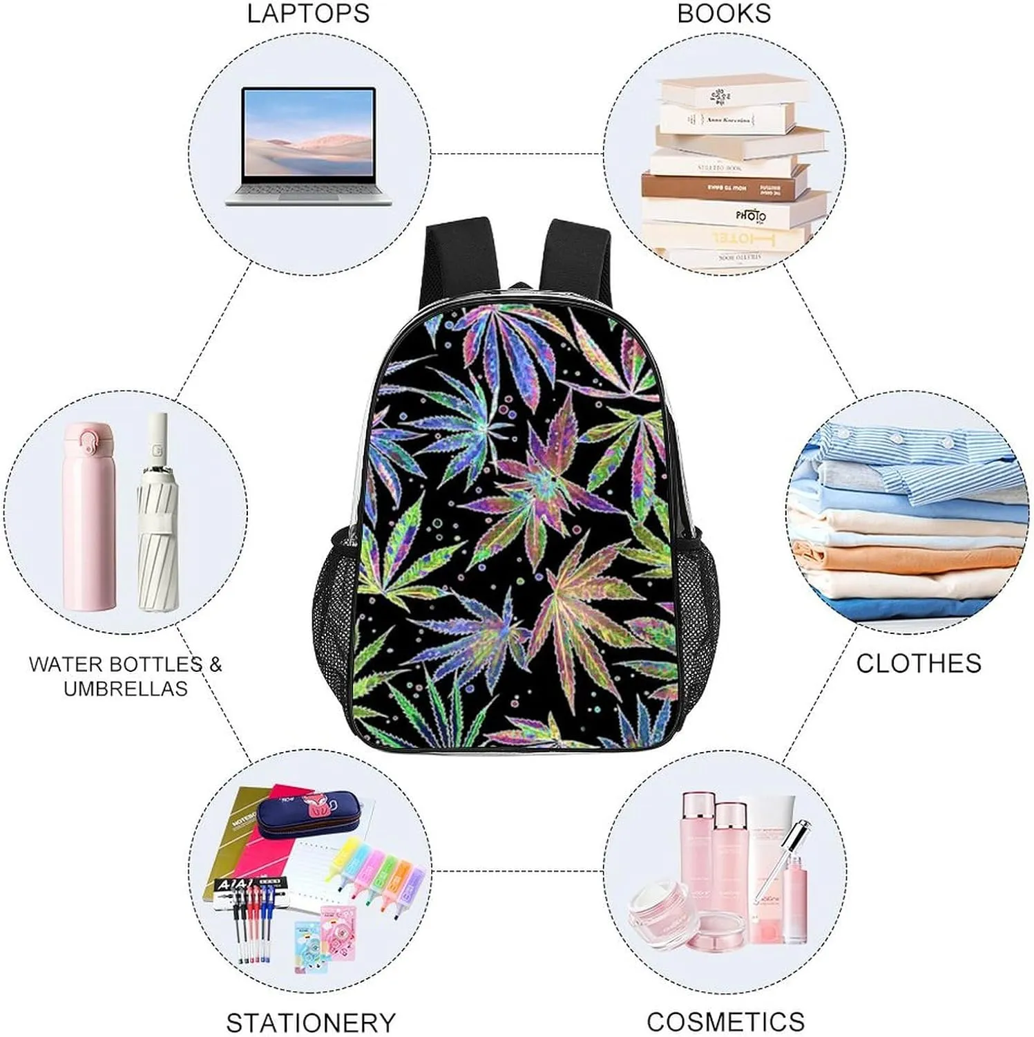 Colorful Neon Pot Leaf Weeds Transparent Fashion Waterproof PVC Transparent Backpack Unisex 17 Inches