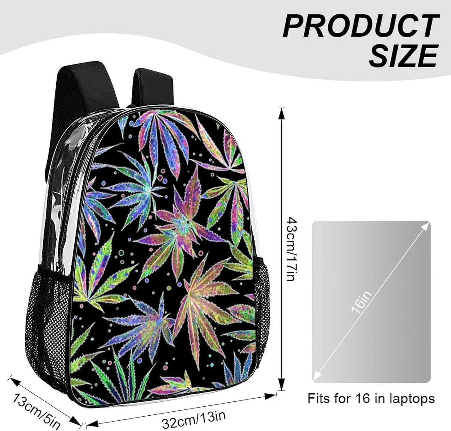 Colorful Neon Pot Leaf Weeds Transparent Fashion Waterproof PVC Transparent Backpack Unisex 17 Inches