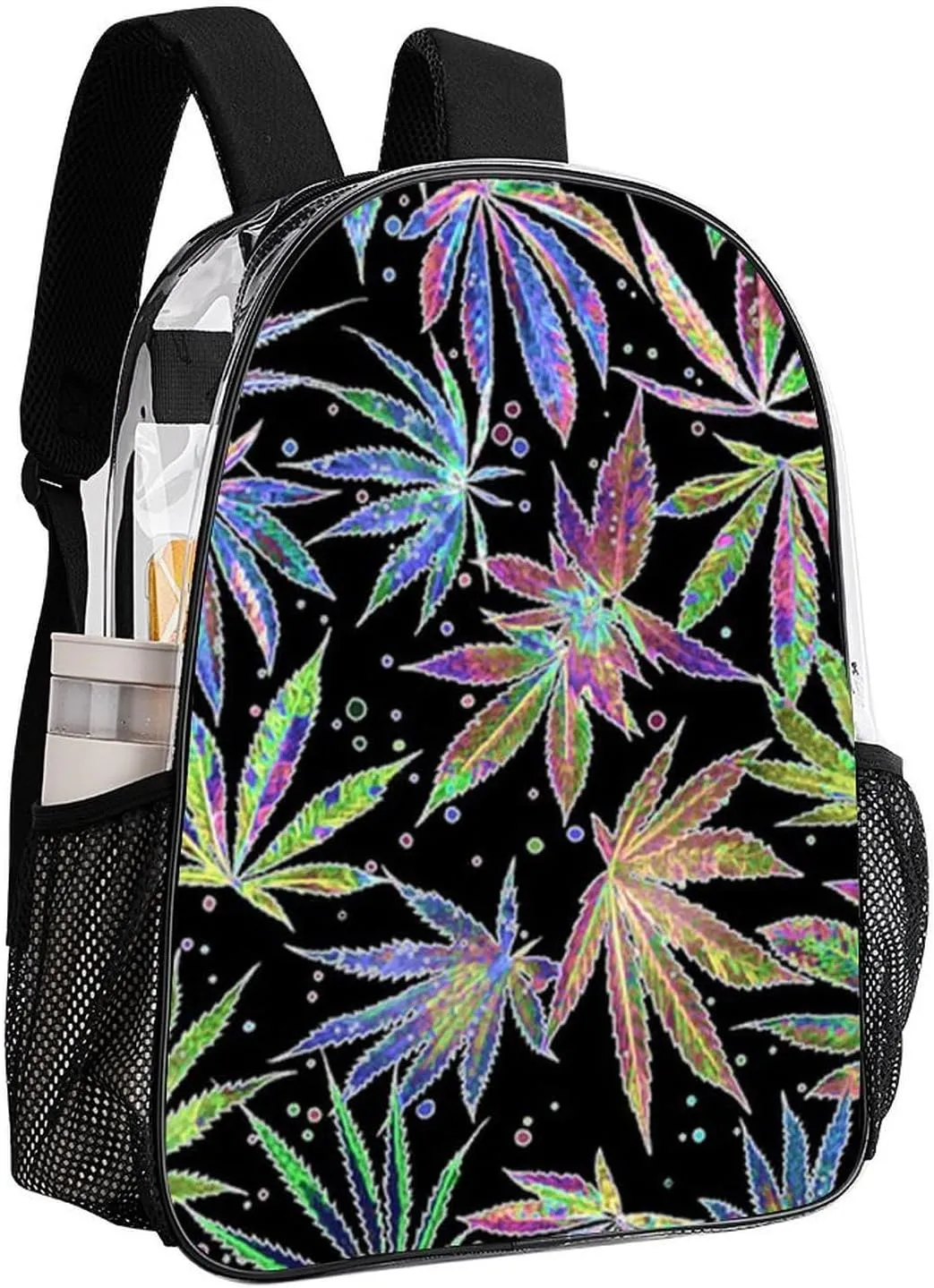 Colorful Neon Pot Leaf Weeds Transparent Fashion Waterproof PVC Transparent Backpack Unisex 17 Inches