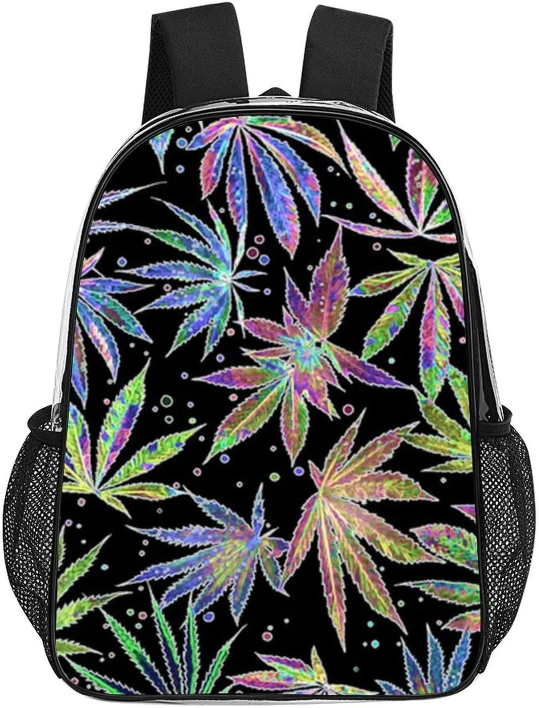 Colorful Neon Pot Leaf Weeds Transparent Fashion Waterproof PVC Transparent Backpack Unisex 17 Inches