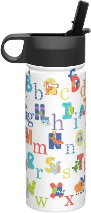Colourful Animal Alphabet Print Flask Stainless Steel Water Bottle with Straw 18OZ FOR Outdoor Gym Commute