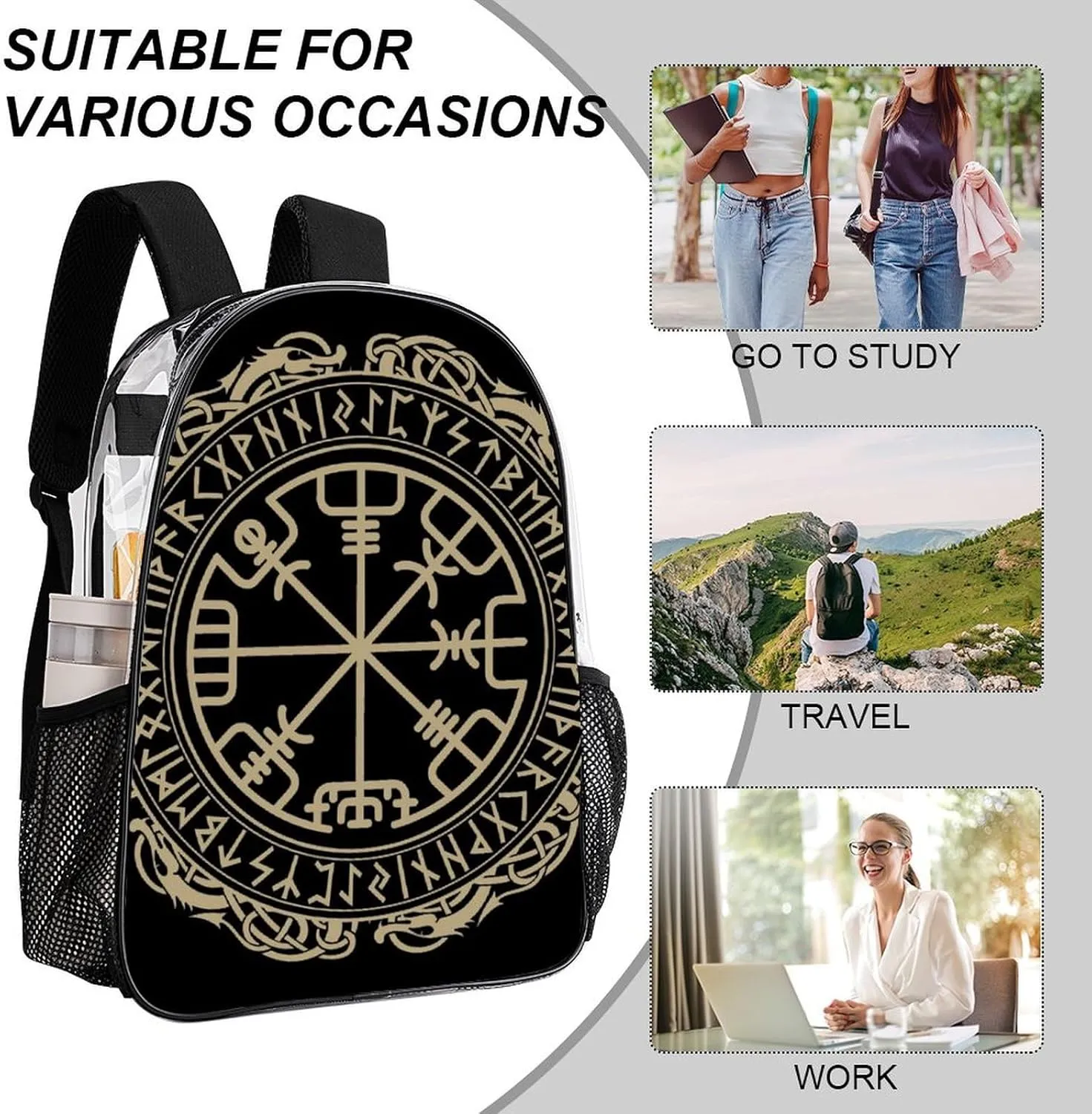 Compass Rune Decorative Circle Transparent Fashion Waterproof PVC Transparent Backpack Unisex 17 Inches