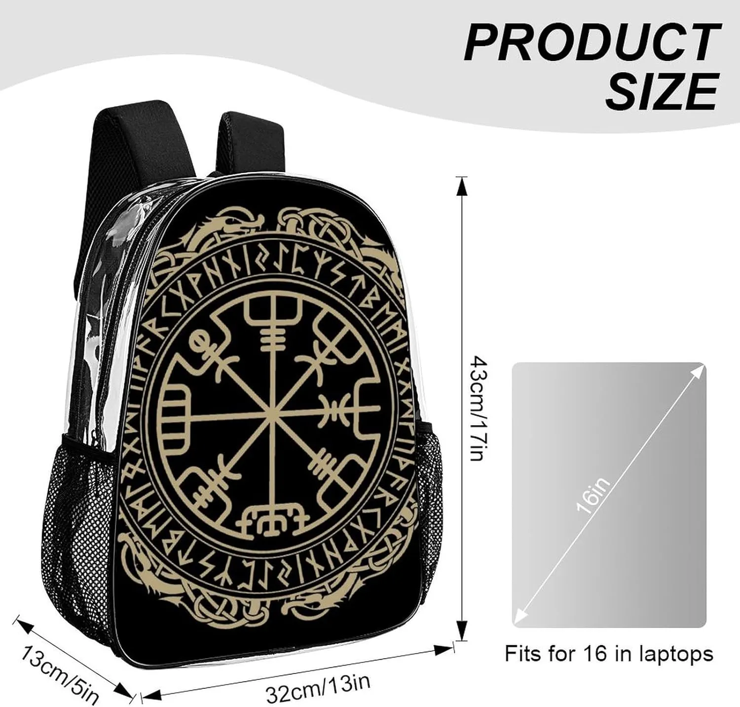 Compass Rune Decorative Circle Transparent Fashion Waterproof PVC Transparent Backpack Unisex 17 Inches