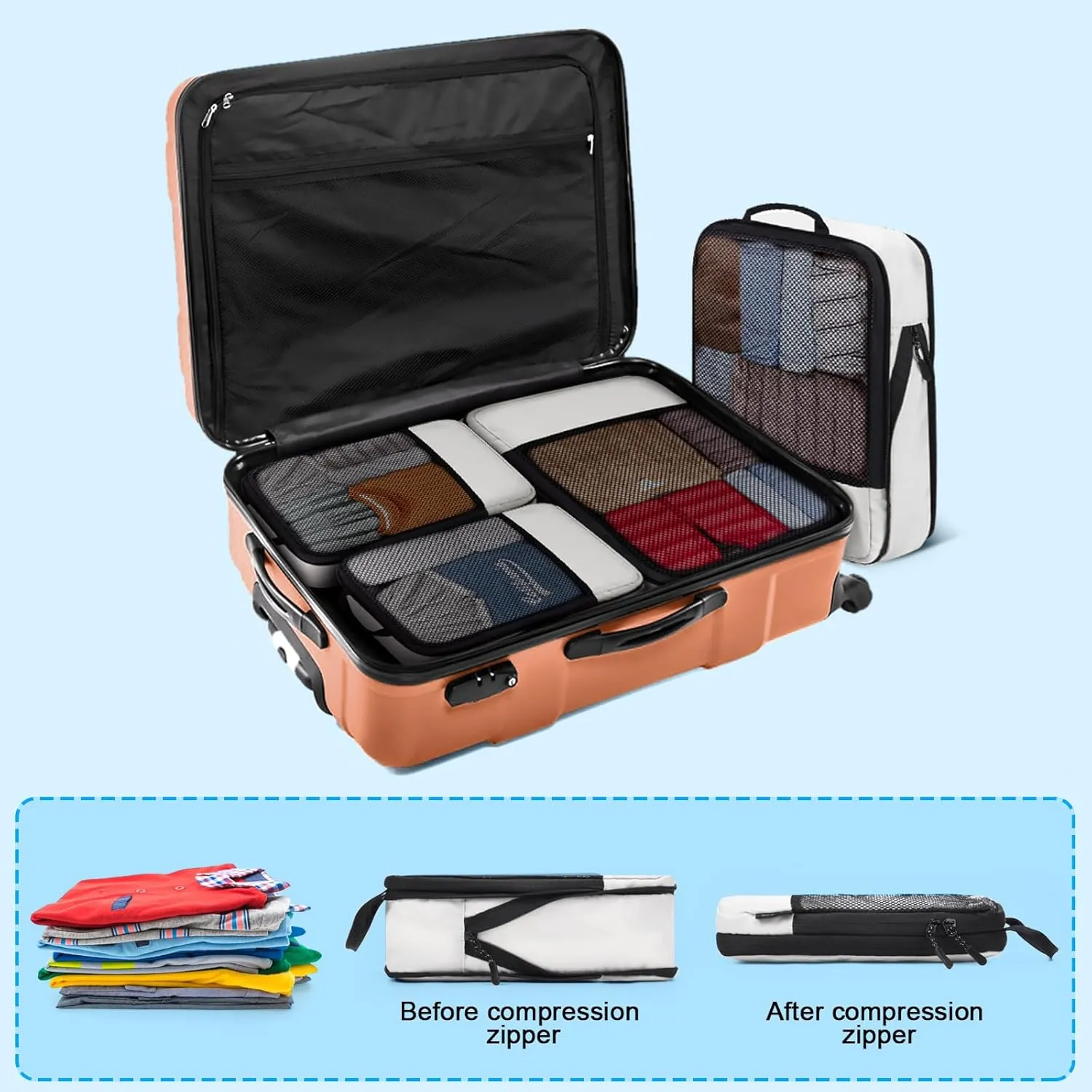 Compression Packing Cubes 4-Set Space Saver with Vacuum-Free Compression Expandable Luggage Organizer for Carry-On
