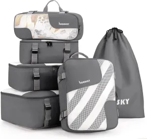 Compression Packing Cubes for Suitcases, COOSKY 6 Set Transparent Clothes Organizer for Travel Essentials, Expandable Storage Bags in Luggage, Carry on Size Travel Accessories for Women/Men, Grey