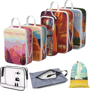 Compression Packing Cubes for Travel, 8 Set National Park Luggage Organizers, Waterproof Expandable/Compression Bags Travel Packing Cubes with Clear Toiletry Bag and Shoe Bag