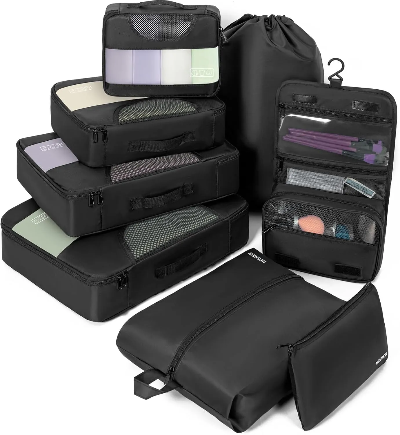 Compression Packing Cubes for Travel, 8 Set Packing Cubes for Suitcases, Breathable Mesh Travel Bags Organizer for Luggage Lightweight Vacation Essentials Accessories (Black)