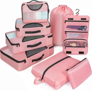 Compression Packing Cubes for Travel, 8 Set Packing Cubes for Suitcases, Breathable Mesh Travel Bags Organizer for Luggage Lightweight Vacation Essentials Accessories (Pink)