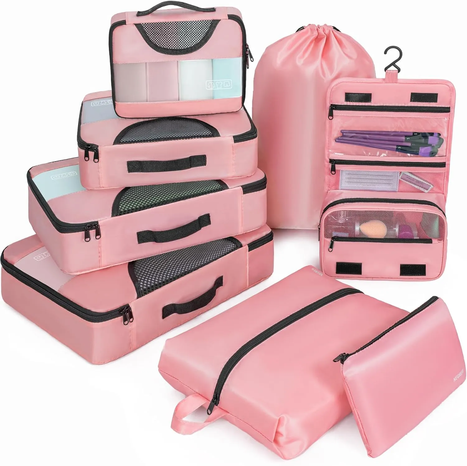 Compression Packing Cubes for Travel, 8 Set Packing Cubes for Suitcases, Breathable Mesh Travel Bags Organizer for Luggage Lightweight Vacation Essentials Accessories (Pink)