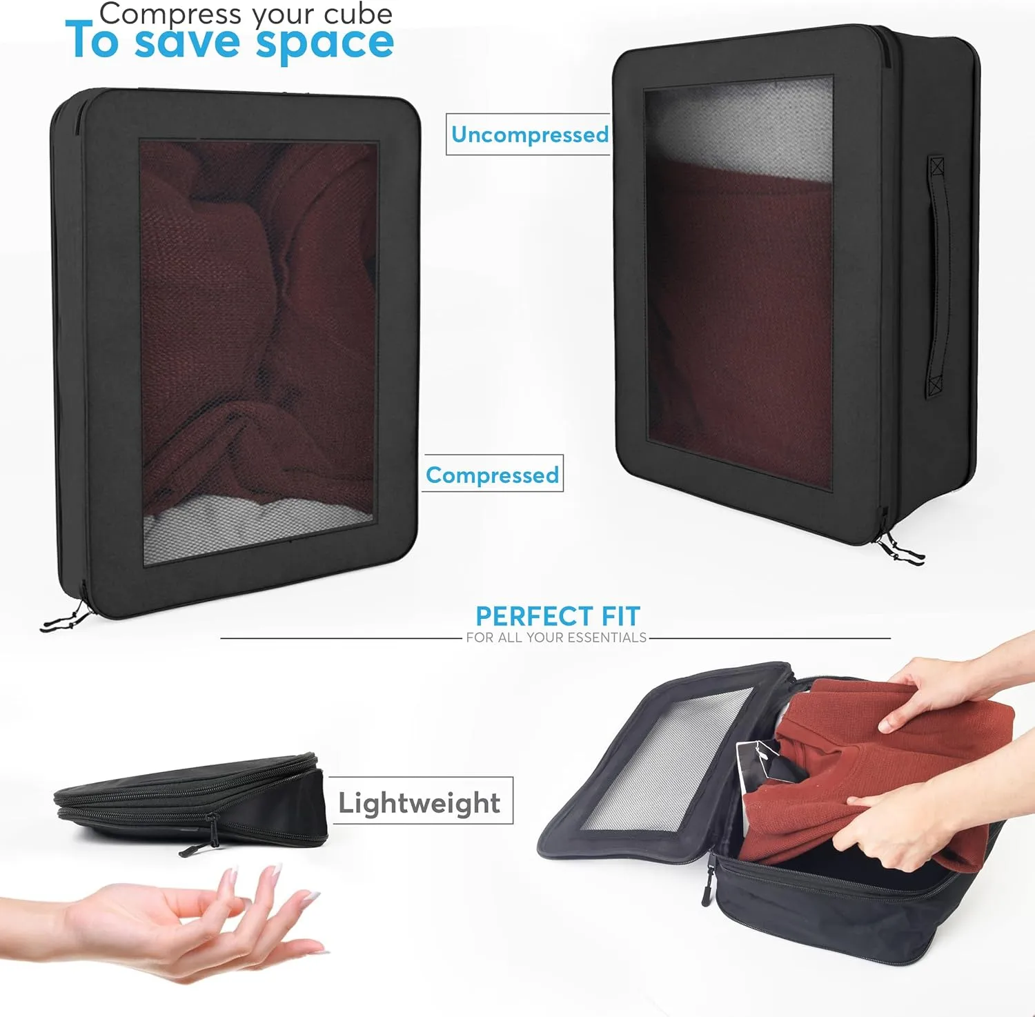 Compression Packing Cubes - Set of 4 Lightweight Packing Cubes Compression for Suitcase Organizer - Maximize Your Luggage Space with Our Travel Organizer Included Drawstring Bag (Black)