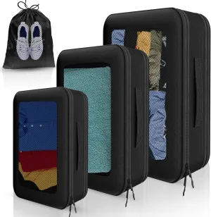 Compression Packing Cubes - Set of 4 Lightweight Packing Cubes Compression for Suitcase Organizer - Maximize Your Luggage Space with Our Travel Organizer Included Drawstring Bag (Black)