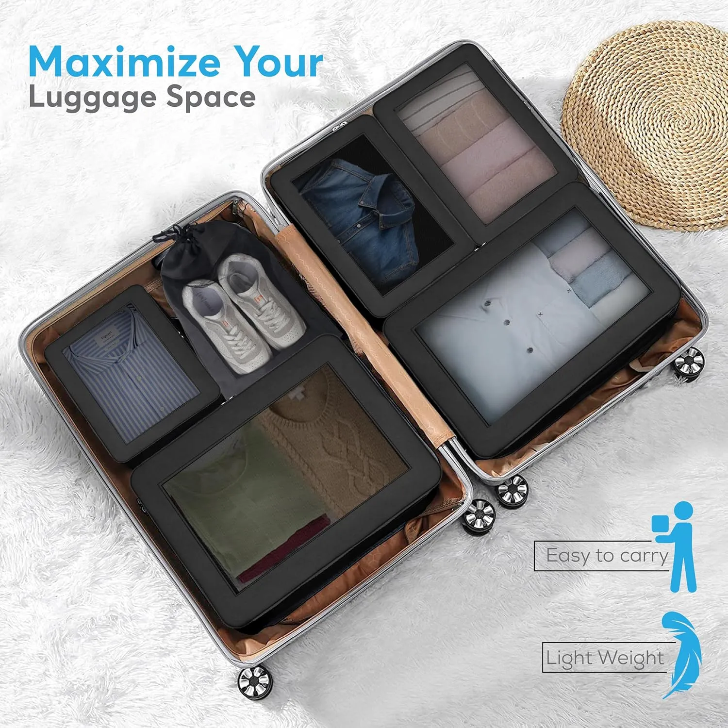 Compression Packing Cubes - Set of 4 Lightweight Packing Cubes Compression for Suitcase Organizer - Maximize Your Luggage Space with Our Travel Organizer Included Drawstring Bag (Black)