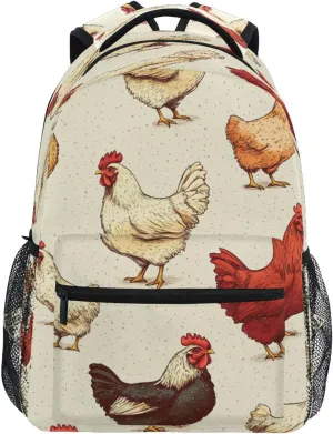 Cool Backpacks for Teacher Nurse Waterproof Backpack with Chest Strap for Travel Trip Beige Farm Chicken Vintage