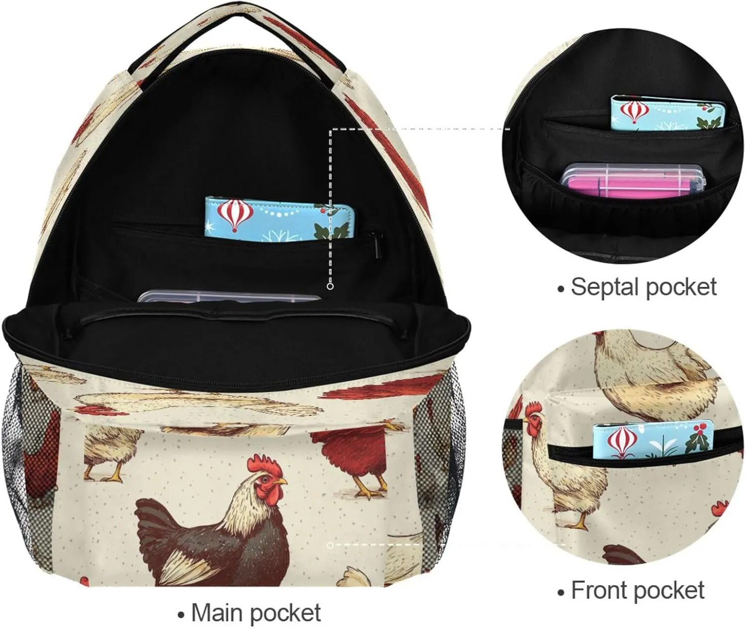 Cool Backpacks for Teacher Nurse Waterproof Backpack with Chest Strap for Travel Trip Beige Farm Chicken Vintage