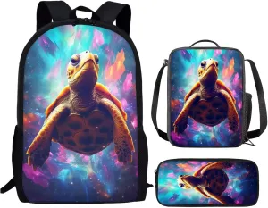 Cool Galaxy Turtle Kids Backpack School Bag With Lunch Bag and Pencil Bag for Teen Boys Youth Middle Junior High School Bookbag 26 Inch Large Capacity School Bags