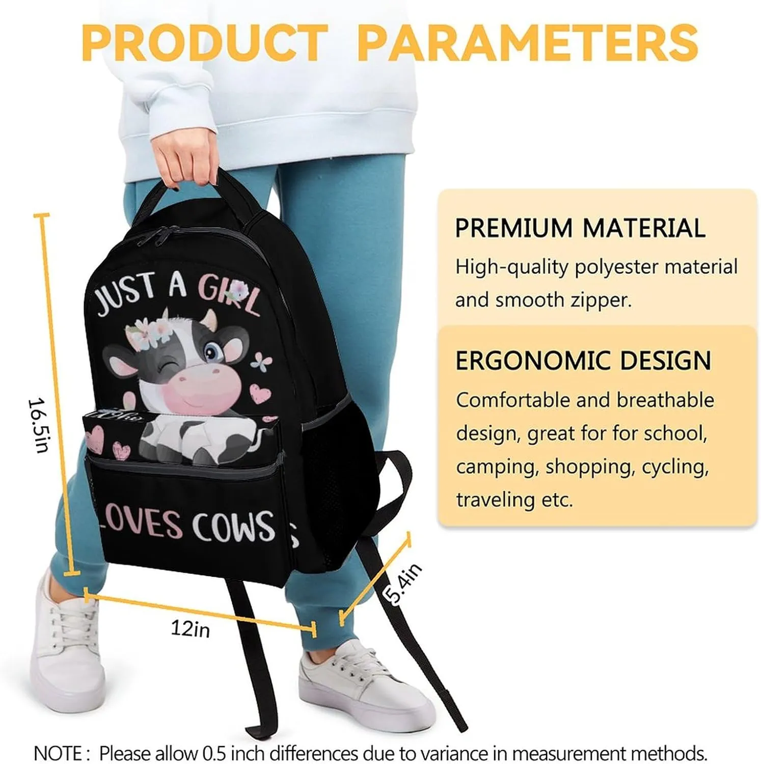 Cow Backpack for Girls Boys, 16 Inch Backpacks for School, Cute, Adjustable Straps, Durable, Lightweight, Large Capacity Bookbag for Kids
