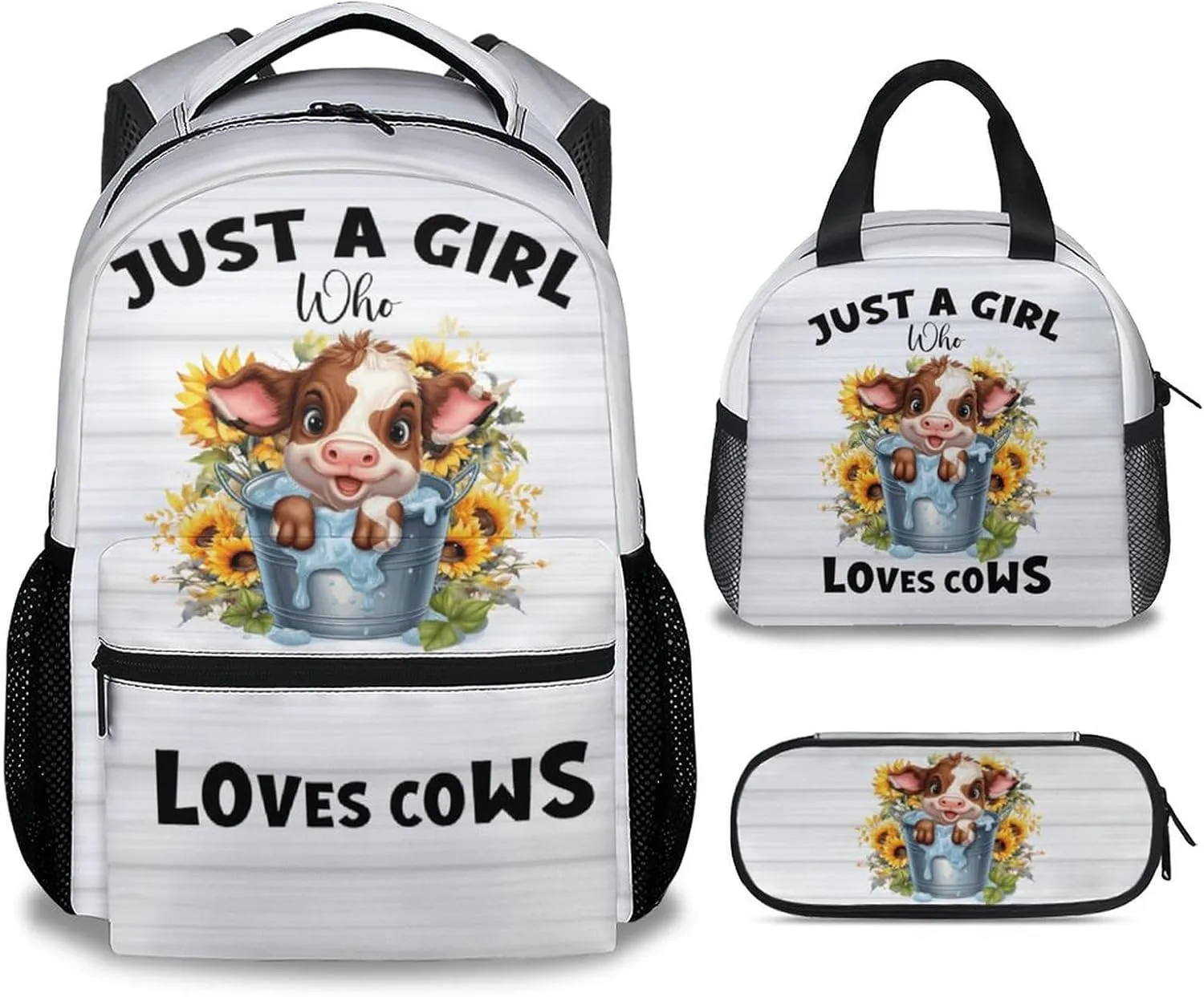 Cow Backpack with Lunch Box, Set of 3 School Backpacks Matching Combo, Cute Bookbag And Pencil Case Bundle