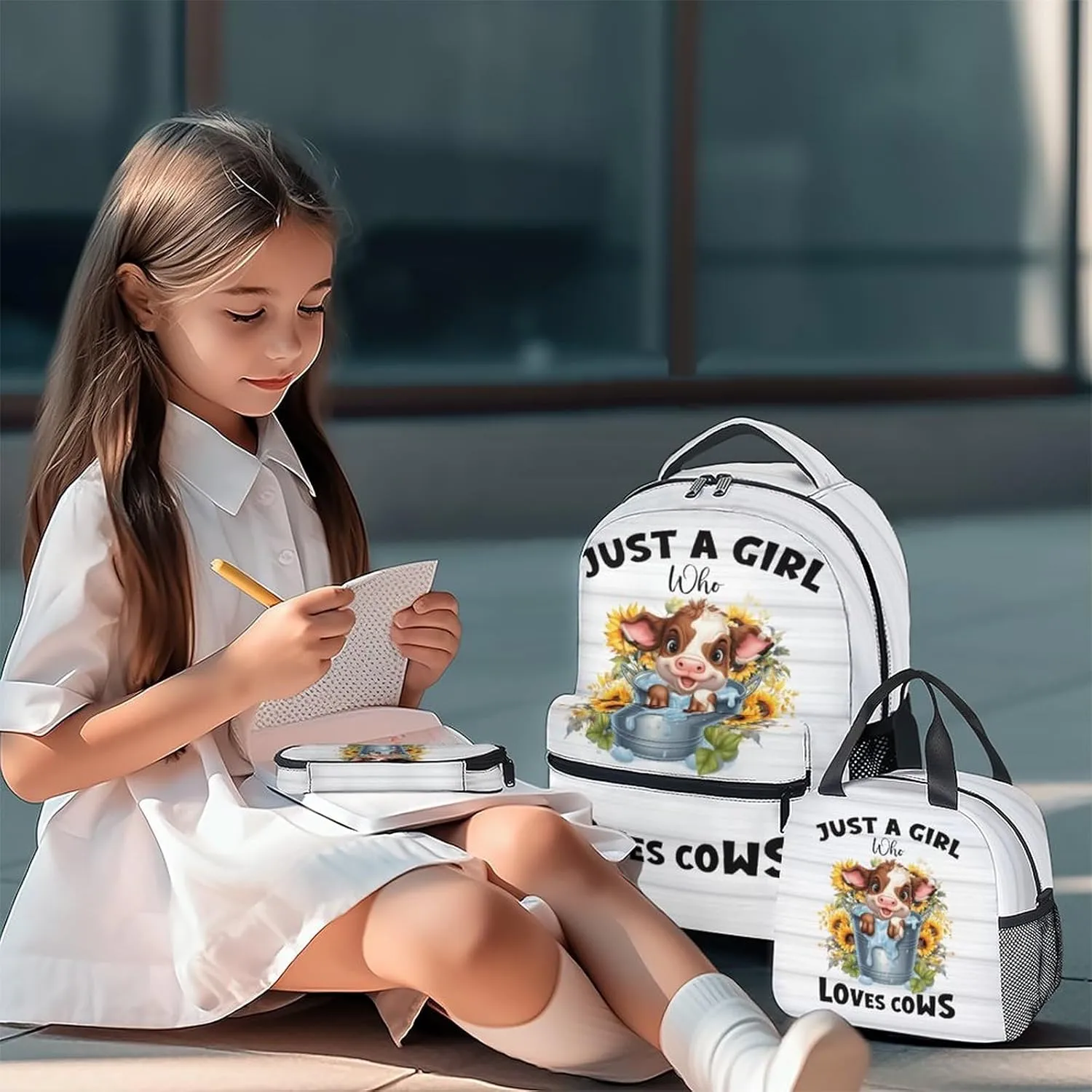 Cow Backpack with Lunch Box, Set of 3 School Backpacks Matching Combo, Cute Bookbag And Pencil Case Bundle