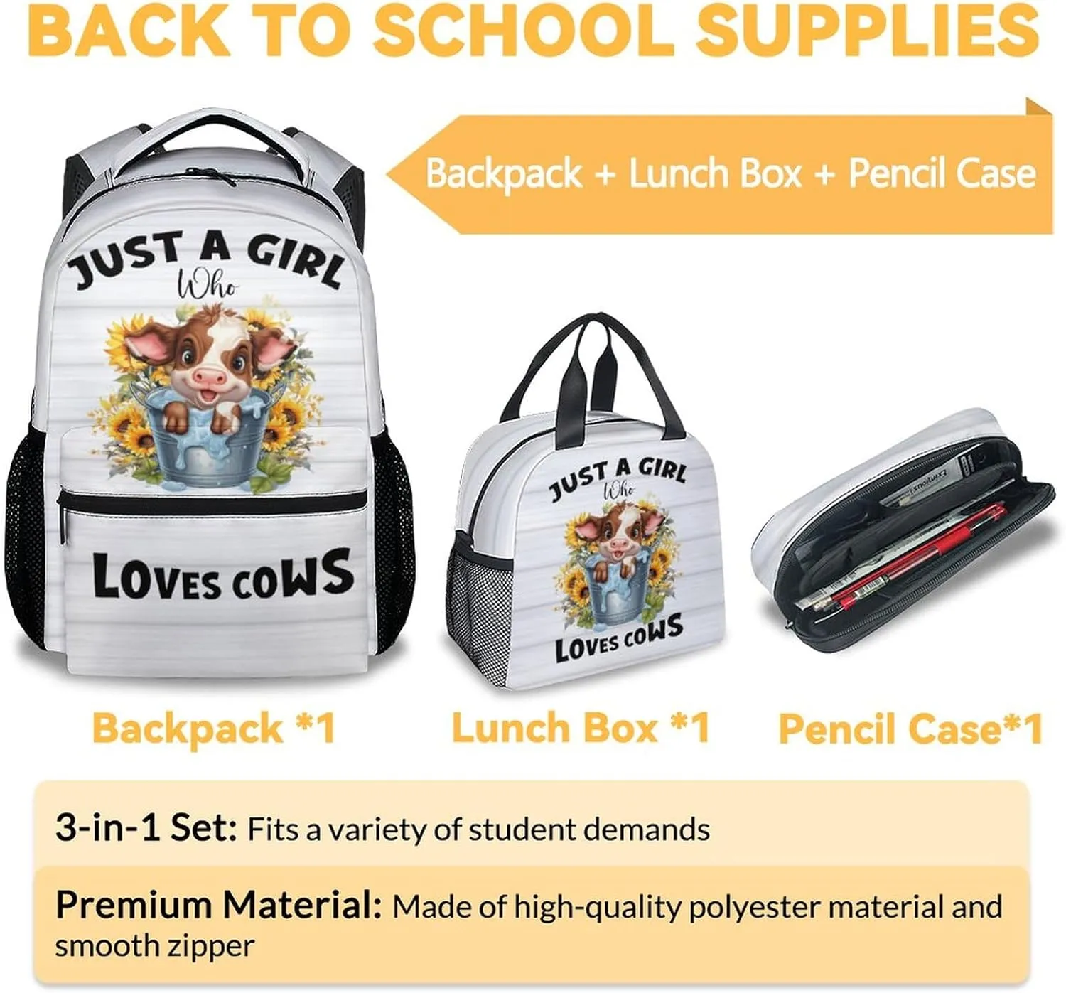 Cow Backpack with Lunch Box, Set of 3 School Backpacks Matching Combo, Cute Bookbag And Pencil Case Bundle
