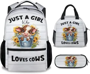 Cow Backpack with Lunch Box, Set of 3 School Backpacks Matching Combo, Cute Bookbag And Pencil Case Bundle