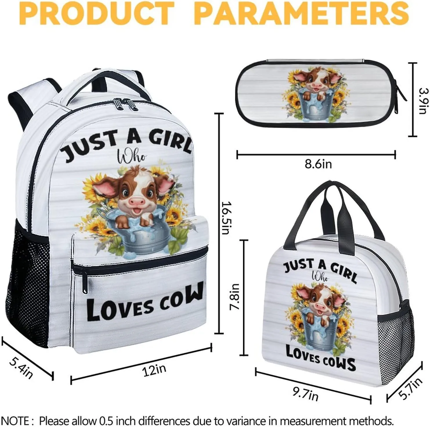 Cow Backpack with Lunch Box, Set of 3 School Backpacks Matching Combo, Cute Bookbag And Pencil Case Bundle