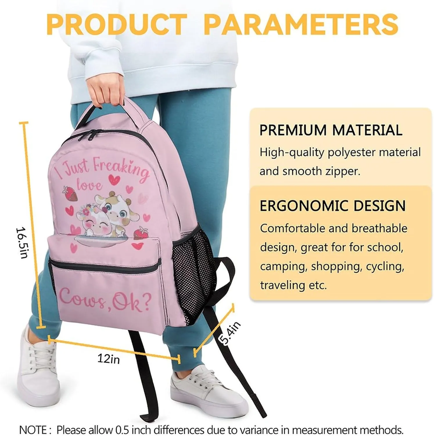 Cow Backpacks for Girls - 16 Inch Cute Backpack for School - Pink, Large Capacity, Durable, Lightweight Bookbag for Kids Travel