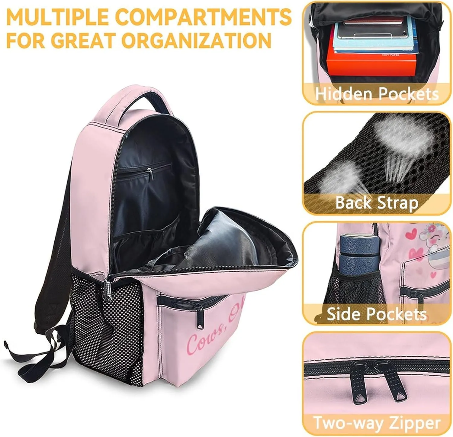 Cow Backpacks for Girls - 16 Inch Cute Backpack for School - Pink, Large Capacity, Durable, Lightweight Bookbag for Kids Travel