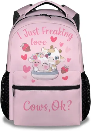 Cow Backpacks for Girls - 16 Inch Cute Backpack for School - Pink, Large Capacity, Durable, Lightweight Bookbag for Kids Travel