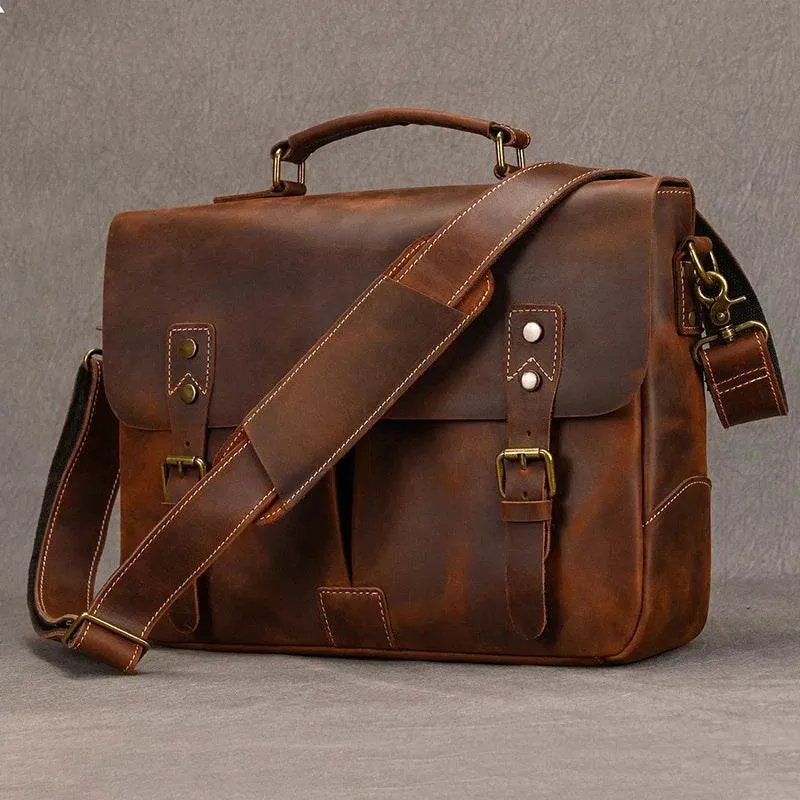 Cowhide Leather Briefcase – A4 Document & Laptop Shoulder Bag
